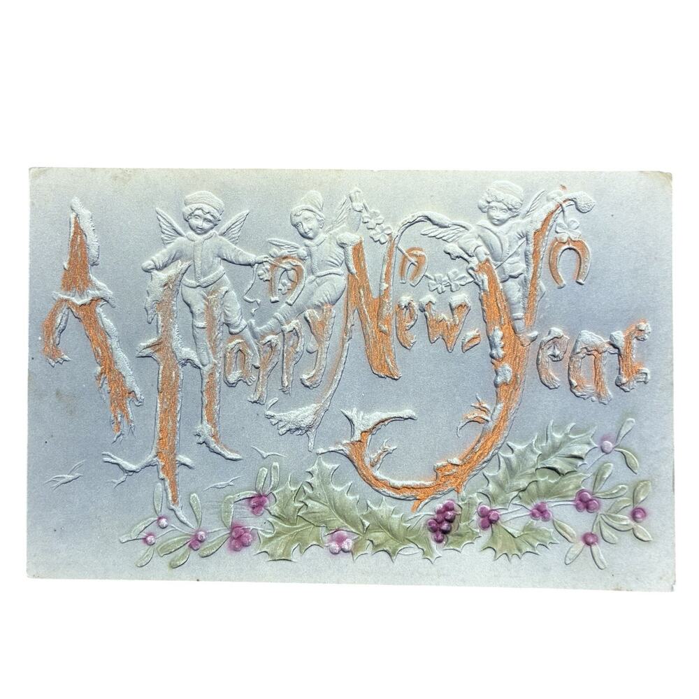 Antique Happy New Year Holiday Postcard Embossed Early 1900s Angels Embossed